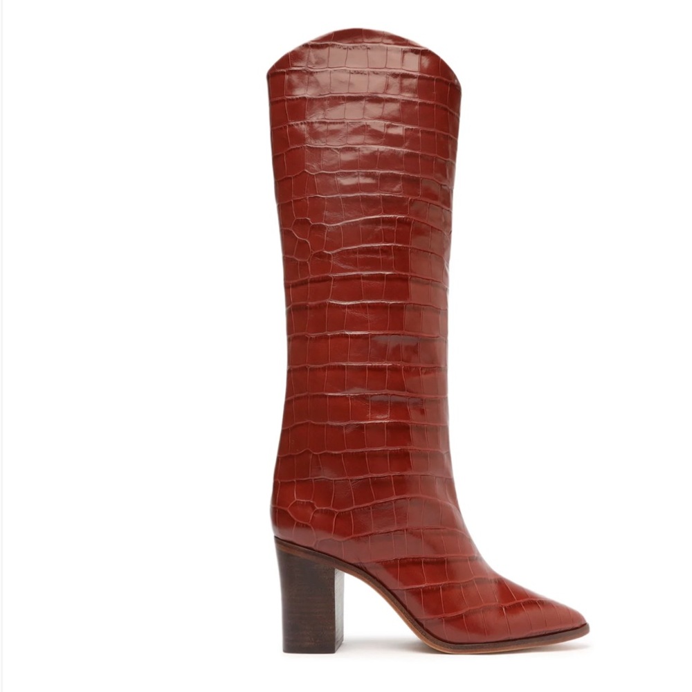 SCHUTZ  maryana block heel tan croc print boots